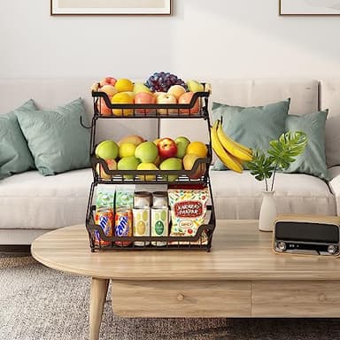 GILLAS 3 Tier Countertop Fruit Basket with 2 Banana Hangers for Kitchen, Detachable Metal Organizer for Bread Vegetable Fruits with Wooden Handle, Large Capacity Rectangular Storage Stand Bowls, Black - Image 6