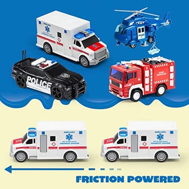 JOYIN 4 Packs Emergency Vehicle Toy Playsets, Friction Powered Vehicles with Light and Sound, Including Fire Truck, Ambulance, Play Police Car and Helicopter, Christmas Toddler Kids Boys Gifts - Image 9