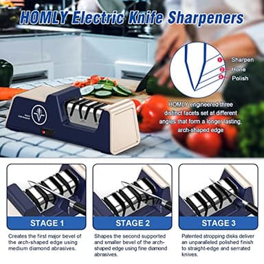 Homly Professional Electric Knife Sharpeners for Kitchen Knives with Diamond Abrasives and Precision Angle Guides, Multifunctional 3-Stage Slots, Applicable to Straight Knife and Ceramic Knife - Image 6