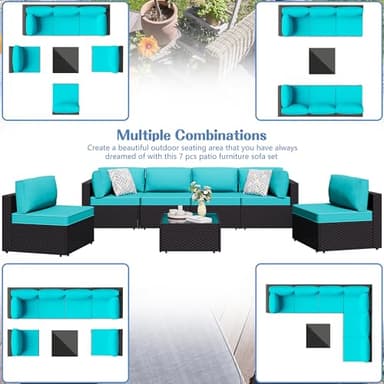 Shintenchi 7 Pieces Outdoor Patio Sectional Sofa Couch, Black PE Wicker Furniture Conversation Sets with Washable Cushions & Glass Coffee Table for Garden, Poolside, Backyard (Blue) - Image 6