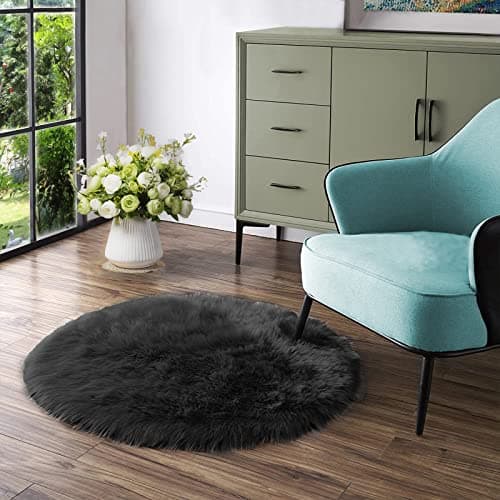 Latepis Black Round Rug 4 ft, Faux Fur Sheepskin Circle Rug for Living Room, Fluffy Washable Rug for Bedroom, Teen Room, Dorm, Cute Room Décor - Image 1