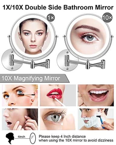 Rechargeable Lighted Wall Mounted Makeup Mirror, 8" Double-Sided 1X/10X Magnifying Bathroom Mirror with 3 Color Lighting, Touch Screen Dimmable 360°Swivel 13 Inch Extendable Chrome Vanity Mirror - Image 4