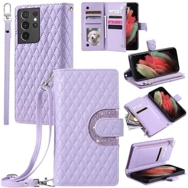 Furill Phone Case for Samsung Galaxy S21 Ultra 5G Wallet Cover with and Crossbody Wrist Strap Shoulder Strap 9+ Card Slots Zipper Purse Leather Stand S21ultra 21S S 21 21ultra G5 Women Men Purple - Image 1