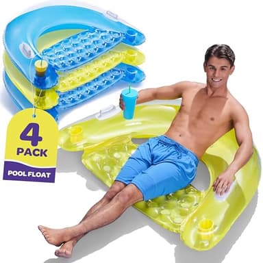Pool Floats Adult [Set of 4] Inflatable Chair Floats with Cup Holders & Handles - Happy Colorful Pool Floaties - Pool Float Comes in 2 Fun Colors, Blue & Yellow, A Relaxing Floats for Swimming Pool. - Image 1