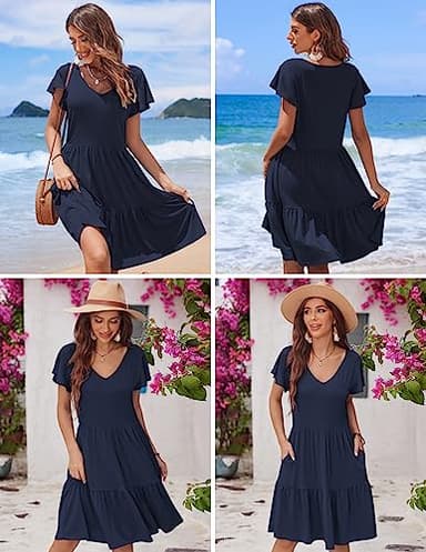 HOTOUCH Casual Navy Blue Dress for Womens Tiered Dresses for Summer Cute Pleated Dress with Side Pockets Ruffle Hem V Neck Loose Swing Dress Navy Blue Medium - Image 5