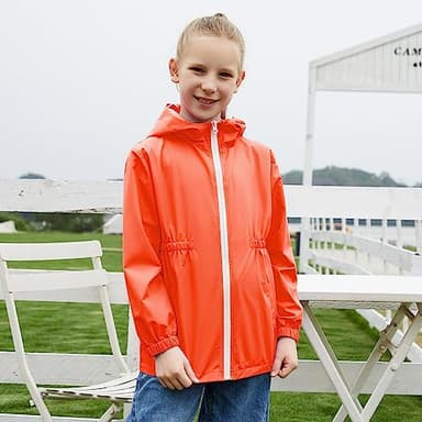 MODAFANS Girls Boys Rain Jacket Lightweight Waterproof Hooded RainCoats Windbreaker for Outdoor 4-5T,Shiny Orange - Image 2