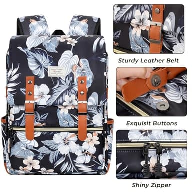 Ronyes Vintage Backpack for Women Men, Laptop Backpack 15.6 inch Bookbag Casual Daypack for College Work, Black with Flower Pattern - Image 5