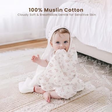Konssy 2-Pack Muslin Hooded Baby Towels, 100% Cotton, Ultra-Soft & Absorbent Baby Bath Towels with Hood for Newborn & Infant (Taupe,Soft Blooms,32" x 32") - Image 5