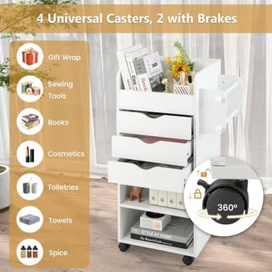 Nightcore Rolling Storage Drawer Cart, Mobile Chest of Drawers, 3 Shelves, 3 Slots, 2 Rolling Rods, Organizer Cabinet w/Lockable Casters, Wide Storage Space for Home Office, Living Room, Study (White) - Image 6