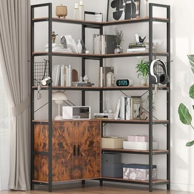 Nosepen 6 Tire Large L Shaped Bookshelf & Corner Bookcase with Storage Cabinet and 2 Barn Doors and 10 Storage Shelves, 71.3" Tall Farmhouse Etagere L Shaped Book-Shelf with Metal Frame(Brown) - Image 7