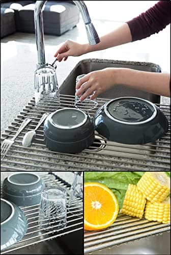 Tomorotec 17.7" x 15.5" Roll Up Dish Drying Rack Over Sink Drying Rack Sink Cover Kitchen Sink Accessories Gadget Multipurpose Organizer Foldable Stainless Steel Drainer (Grey) - Image 2
