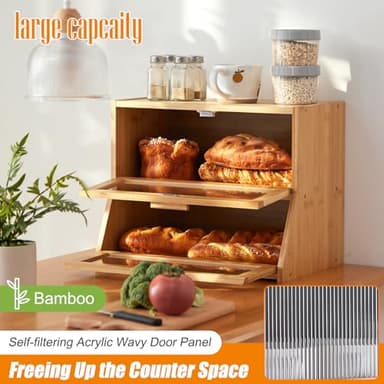 GHWIE Double Layer Bamboo Bread Box for Kitchen Counter,Large Capacity Bread Storage Bin,Bread Container with Acrylic Wavy Door Panel (Natural, Medium) - Image 3