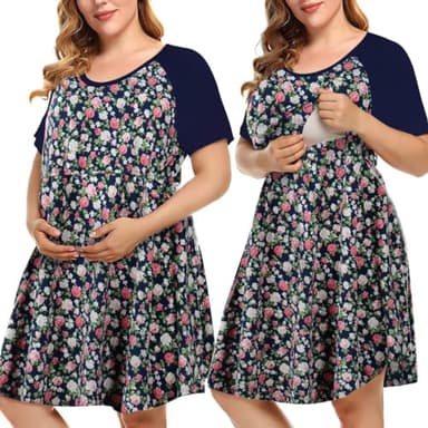 MONNURO Women's Plus Size Nursing Dress Color Block Labor Delivery Gown Maternity Pajamas for Breastfeeding(Navy Flower,2X) - Image 1
