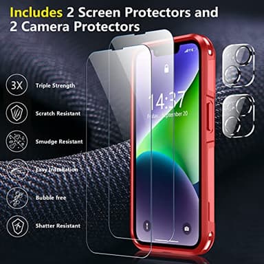 SPIDERCASE for iPhone 14 Case/iPhone 15 Case, [15 FT Military Grade Drop Protection][Non-Slip] 2 Pack [Tempered Glass Screen Protectors+Camera Lens Protectors] Heavy Duty Shockproof Case, Red - Image 4