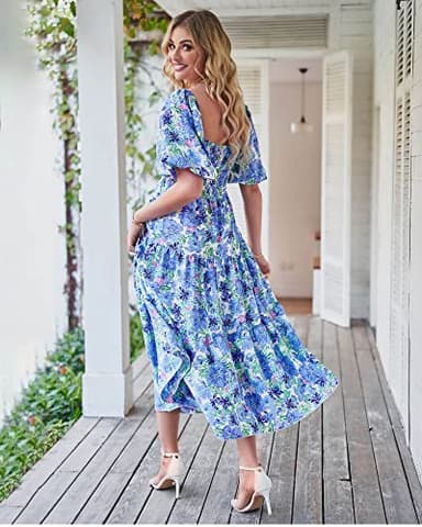 BTFBM Women Summer Dresses 2025 Casual Flowy Beach Square Neck Puff Short Sleeve Smocked Back Boho Floral Long Maxi Dress(Floral Blue, Medium) - Image 4