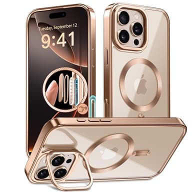 GolbinBox Magnetic for iPhone 16 Pro Case with Stand, [Compatible with MagSafe], Camera Control Capture Button, 16FT Military-Grade Protection, Shockproof Slim Phone Case 6.3"(Rose Gold/Clear) - Image 1