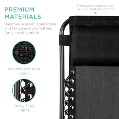 Best Choice Products Set of 2 Adjustable Steel Mesh Zero Gravity Lounge Chair Recliners w/Pillows and Cup Holder Trays - Black - Image 7