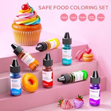 Oil Based Food Coloring for Chocolate Rainbow Oil Edible Food Dye Set for Halloween Baking Royal Icing Cookie Supplies Gluten Free 7x6ml Food Grade Food Color Kit, 0.25 Fl. Oz/Bottles - Image 7