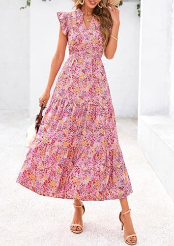 PRETTYGARDEN Women's 2025 Summer Floral Midi Dress Cap Sleeve V Neck Ruffle Long Flowy Boho Casual Beach Vacation Dresses (Floral Wine Red,Small) - Image 8