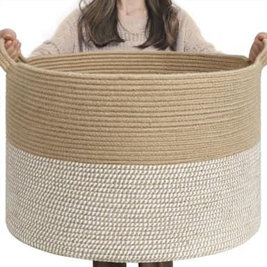 INDRESSME Extra Large Woven Baskets for Storage, 21.7'' x 13.8'' Wicker Basket with Handle for Blankets, Big Laundry Baskets for Clothes, Pillows, Towel, Shoe Basket for Entryway, 90L White Jute - Image 1