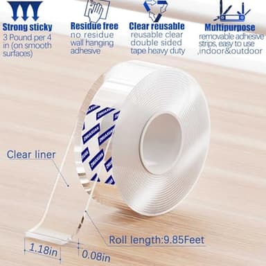 ZMUAXUAN Strong Nano Double Sided Tape Heavy Duty Mounting,Clear Removable Wall Sticky Adhesive Strips,Reusable Thick Gel Grip for Hanging Picture,Poster,Carpet,Photo - Image 2