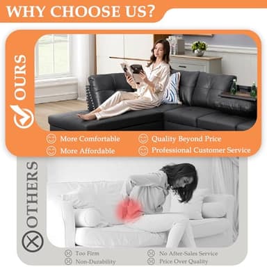 Wakefit Sectional Sofa Couch, Modern 4-Seaters Living Room Furniture Sets with Chaise Lounge, Ottoman & 2 Pillows | L Shape Couch | Cup Holder | Faux PU Leather, Black - Image 7