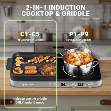 AMZCHEF Double Induction Cooktop with Removable Griddle Pan Non-stick, 1800W 2 burner Portable Induction Stove With Sensor Touch 9 Power Levels, 99 Min Timer, Iron Grey - Image 5