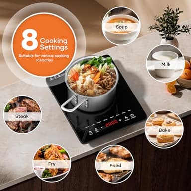 VoltCuisine Portable Induction Cooktop 1200W, Single Burner Hot Plate, 8 Power Levels, Timer & Child Safety Lock, Countertop Burner for Dorm, RV, Apartment, Small Kitchen - Image 2