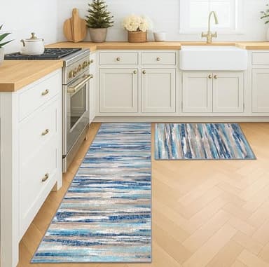 Lansny Modern Abstract Kitchen Rug Set of 2, 2x3 and 2x6 Blue Washable Rug Runner Non Slip Kitchen Mat, Soft Faux Wool Throw Carpet for Entryway, Hallway, Bedroom, Bedside, Laundry Room, Office - Image 2