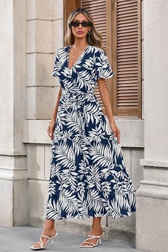 MASCOMODA Womens Summer Boho Maxi Dress Floral Wrap V Neck Flutter Short Sleeve Tie Waist A Line Tiered Flowy Long Dresses(Navy White Flower,Large) - Image 2