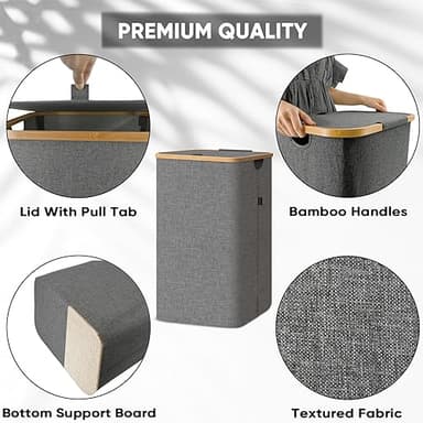 BALEINE Laundry Hamper with Lid, Tall Laundry Baskets with Bamboo Pull Handles, Large Laundry Bin with Internal Support (26 Gal/100L, Grey) - Image 2