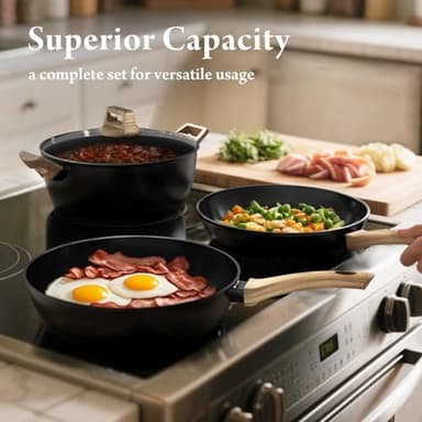 Bazova 23 Pcs Pots and Pans Set, Non Stick Ceramic Cookware Set with 3 Frying Pans, Healthy Non-Toxic, Large Capacity,Induction Compatible, PFAS/PTFE/PFOA Free, Black - Image 7