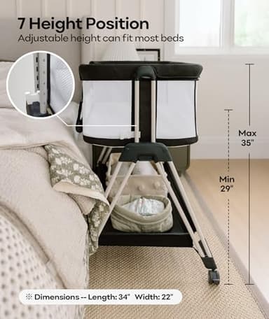 Fodoss Baby Bassinet Bedside Sleeper with Wheels and Storage Tray,4-Sided Mesh Bedside Bassinet for Infant/Newborn,7 Height Adjustable Easy Folding Bedside Crib - Image 6