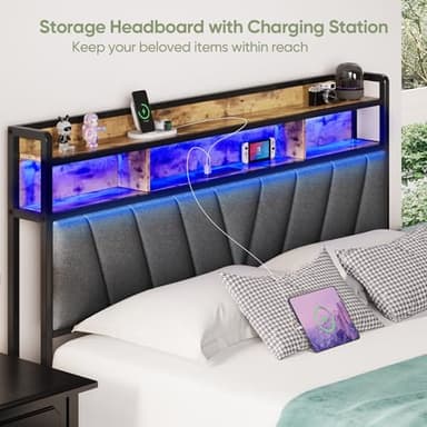 Welzona Queen Bed Frames with Headboard, LED Lights Queen Size Bed Frame with Charging Station, 2-Tier Storage Shelves, Heavy Duty Metal Slats, Noise Free, No Box Spring Needed, Easy Assembly, Brown - Image 4