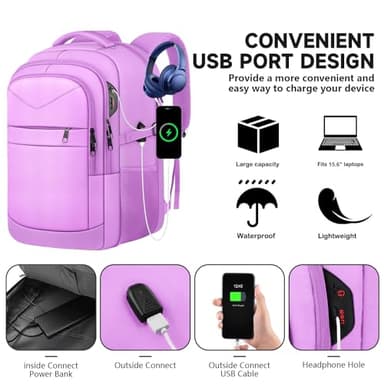 Lapsouno Laptop Backpack, Travel Laptop Backpack, 15.6 Inch Carry on Backpack with USB Port, Anti Theft TSA Travel Bag for Women, College School Backpack for Women, Light Purple - Image 4