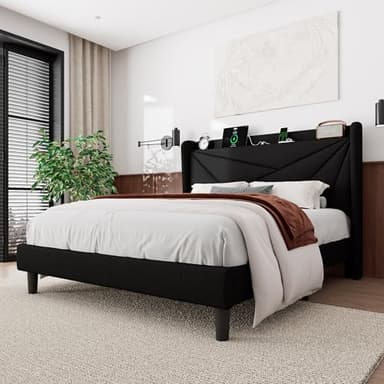 Feonase Queen Size Bed Frame with Charging Station, Linen Upholstered Platform Bed Frame with Wingback Storage Headboard, Solid Wood Slats Support, No Box Spring Needed, Noise Free, Black - Image 3