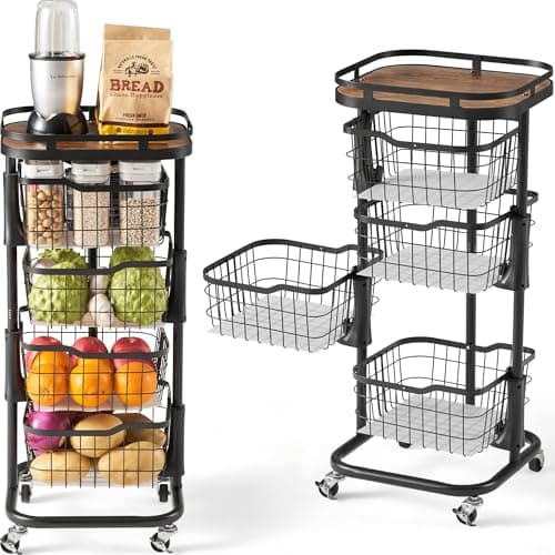 Ocyfym 4 Tier Kitchen Fruit Vegetable Storage Cart with One-Piece Rotating Basket, Pantry Organizer Shelf Rack Floor Stand for Veggie Onion Potato Produce Spice, Rolling Snack Cart on Wheels, Black - Image 1