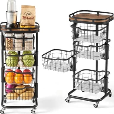 Ocyfym 4 Tier Kitchen Fruit Vegetable Storage Cart with One-Piece Rotating Basket, Pantry Organizer Shelf Rack Floor Stand for Veggie Onion Potato Produce Spice, Rolling Snack Cart on Wheels, Black - Image 1