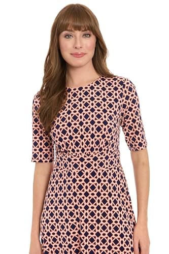 London Times Women's Dresses Inset Waist Midi Dress Career Office Occasion Guest of, Hexagon Geo - Navy/Persimmon, 10 - Image 4