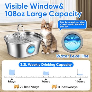Cat Water Fountain with Water Level Window, One Set of Filter, 108oz/3.2L Pet Water Fountain for Cats/Dogs Inside, 304 Stainless Steel, Dishwasher Safe with Low Noise Pump, Filtration System - Image 4