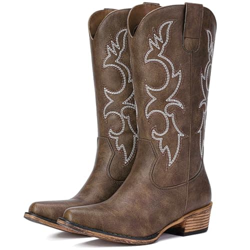 Choiran Brown Cowboy Boots for Women - Embroidered Cowgirl Boots Western Mid Calf Fashion Chunky Heel Pointed Toe Country Boot 6 - Image 1