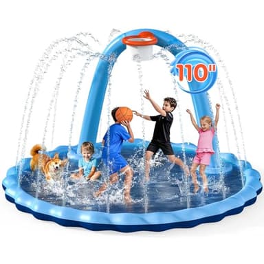 Hipsignal 110" Splash Pad for Kids & Dogs, 2-in-1 Large Sprinkler Water Toys with Basketball Hoop Arch, Thickened Pool Mat Toys for Backyard & Garden Outdoor Summer Fun Ages 4-12 - Image 1