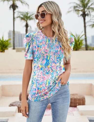 Ivicoer Puff Short Sleeve Shirt for Women Eyelet Tops Summer Crewneck Blouse Loose Fit S-XXL - Image 5