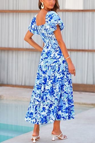 PRETTYGARDEN Women's Casual Summer Midi Dress Puffy Short Sleeve Square Neck Smocked Tiered Ruffle Dresses (Floral Blue,Medium) - Image 2