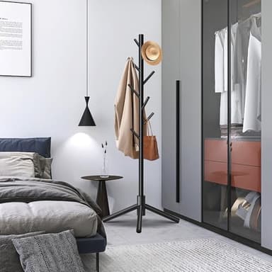 Unisakey Durable Wooden Coat Rack, Freestanding Coat Rack with Stable Triangular Base, 8 Hooks & 3 Adjustable Heights, Simple Assembly for Bedroom, Hallway, Office(New Black) - Image 2