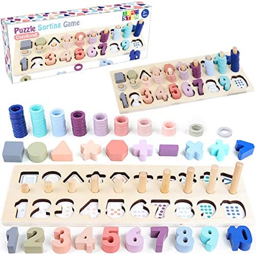 CozyBomB Montessori Educational Wooden Shape & Number Puzzle Blocks - Preschool Learning Toys for Boy & Girl (Macaron) - Image 1