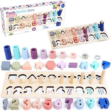 CozyBomB Montessori Educational Wooden Shape & Number Puzzle Blocks - Preschool Learning Toys for Boy & Girl (Macaron) - Image 1