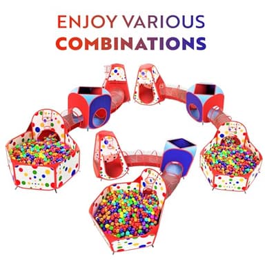 Playz 5-Piece Kids Play Tents Crawl Tunnels and Ball Pit Popup Bounce Playhouse Tent with Basketball Hoop for Indoor and Outdoor Use with Red Carrying Case - Image 2