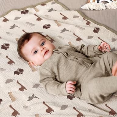 lulumoon Muslin Baby Blanket - Cotton Quilt Blankets for Toddlers - Reversible Nursery Crib Blanket for Baby Boys and Girls 47"x47"(Olive Dinosaur) - Image 6