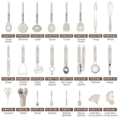 Kitchen Utensils Set-Silicone Cooking Utensils-33pcs Non-Stick Silicone Cooking Kitchen Utensils Spatula Set with Holder-Best Kitchen Cookware with Stainless Steel Handle (Khaki) - Image 2